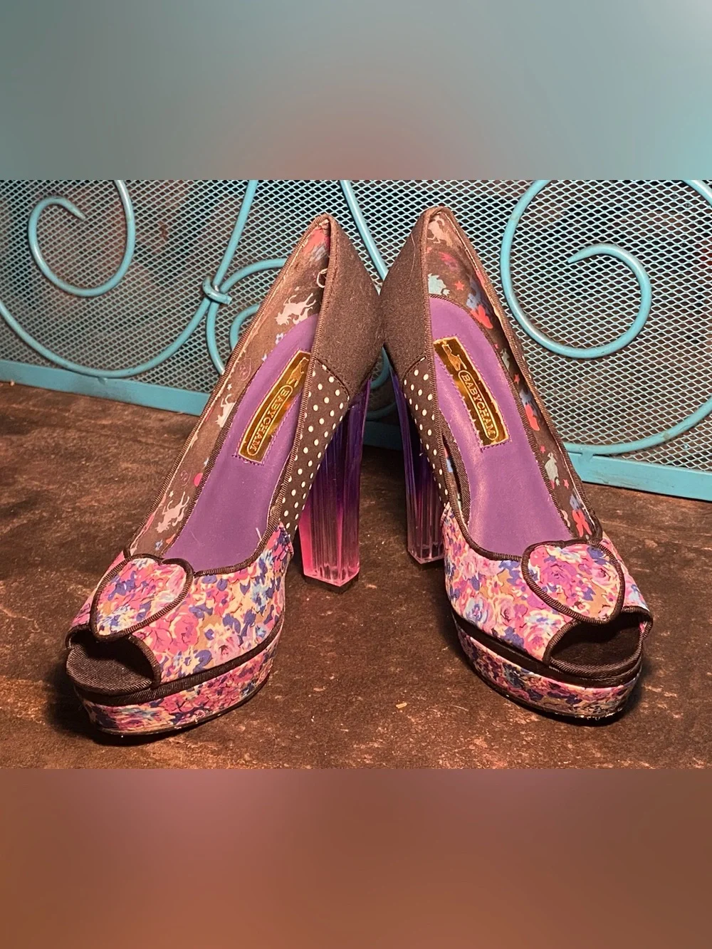BABYCHAM platform peep toe pin up pumps,clear purple heels,hearts,polka dots, 7